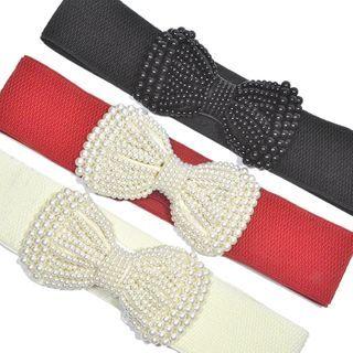 Beaded Bow Buckle Wide Elastic Belt