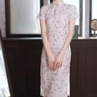 Short-sleeve Floral Print Lace Trim Qipao