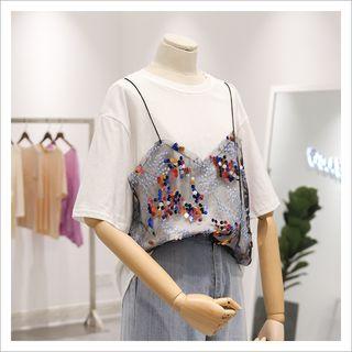 Sequined Panel Short Sleeve T-shirt