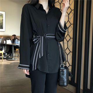 Loose-fit Long Shirt With Sash Black - One Size