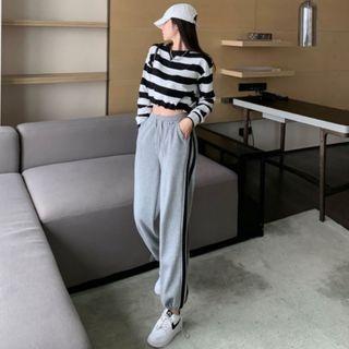 Drawstring-hem Striped Crop Sweatshirt / Striped Drawstring Jogger Pants