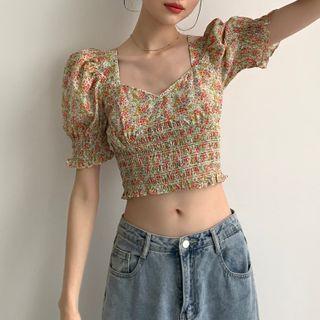 Short-sleeve Flower Print Cropped Blouse