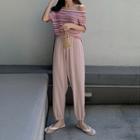 Color-block Striped Off-shoulder Short-sleeve T-shirt / High-waist Wide-leg Pants