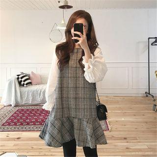 Long-sleeve Panel Plaid A-line Dress