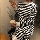 Long-sleeve Asymmetric Striped Midi Knit Dress
