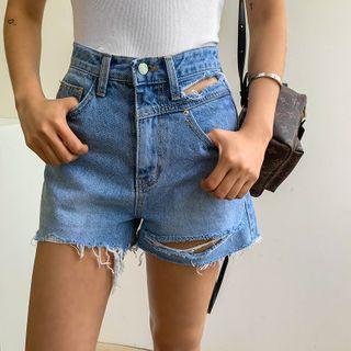Slashed Fringed-hem Denim Shorts