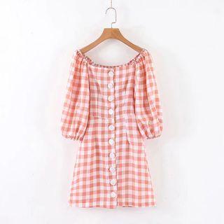 Off-shoulder Bell-sleeve Buttoned Mini Dress