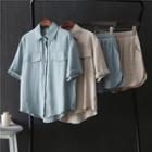 Set: Short-sleeve Shirt + High-waist Plain Shorts