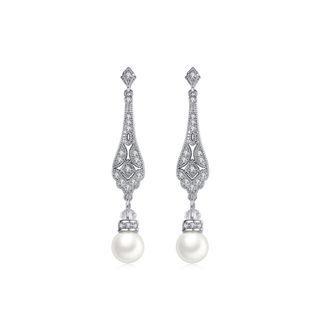 Fashion And Elegant Geometric Pattern Imitation Pearl Long Earrings With Cubic Zirconia Silver - One Size