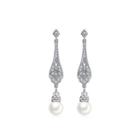 Fashion And Elegant Geometric Pattern Imitation Pearl Long Earrings With Cubic Zirconia Silver - One Size