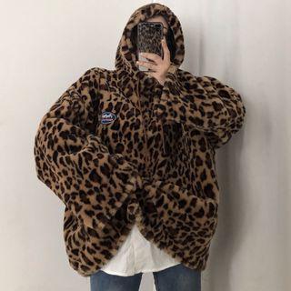 Faux Fur Leopard Print Hoodie