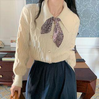 Set: Cable-knit Collared Cardigan + Dotted Neckerchief