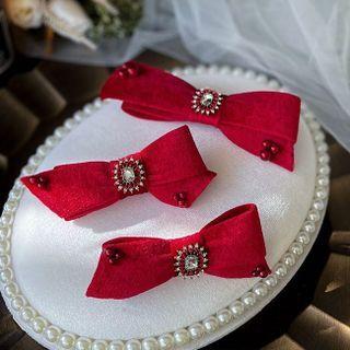 Set Of 3: Bow Velvet Rhinestone Hair Clip Set Of 3 Pcs - Red - One Size