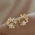 Butterfly Rhinestone Flower Stud Earring 1 Pair - Gold & White - One Size