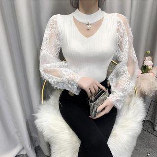 Lace Panel Long-sleeve Cutout Knit Top