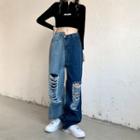 Two-tone Asymmetrical Distressed Loose Fit Jeans