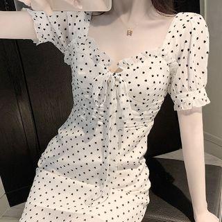 Short-sleeve Heart Print Ruffle Trim Mini A-line Dress