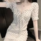 Short-sleeve Heart Print Ruffle Trim Mini A-line Dress