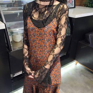 Set: Lace Long Sleeve Top + Floral Print Slipdress
