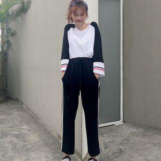 Set: 3/4-sleeve Color Block Top + Cropped Sweatpants