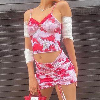 Print Cutout Camisole Top / Print Drawstring Skirt