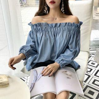 Long-sleeve Off-shoulder Top Denim Blue - One Size