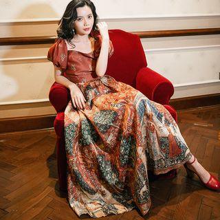 Patterned Short-sleeve A-line Maxi Dress