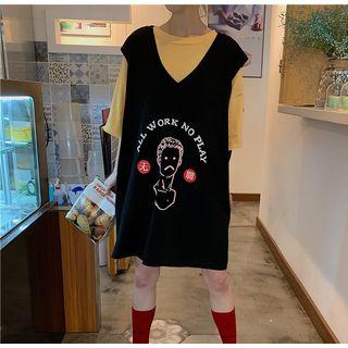 Elbow-sleeve T-shirt / Print Sleeveless V-neck Dress