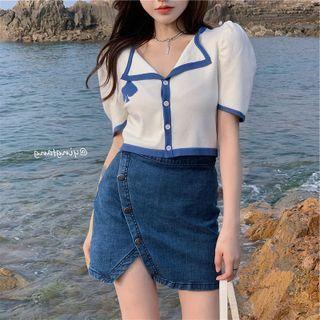 Short-sleeve Jacquard Button-up Knit Top
