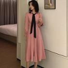 Tie-neck Balloon-sleeve Midi A-line Dress Pink - One Size