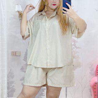 Plus Size Set: Short-sleeve Striped Shirt + Shorts