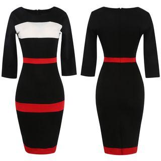 Striped Trim 3/4-sleeve Sheath Dress