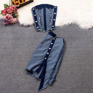 Set: Strapless Fray Hem Top + Pencil Skirt Blue - M