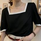 Short-sleeve Square Collar Contrast Trim Top