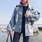 Embroidered Ripped Buttoned Denim Jacket