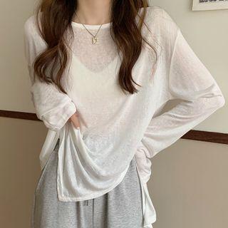 Long-sleeve Slit Medium Long T-shirt