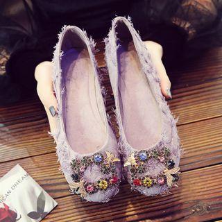 Rhinestone Buckle Fringed Flats