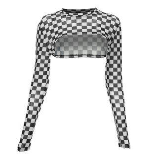 Long-sleeve Checker Print Cropped T-shirt