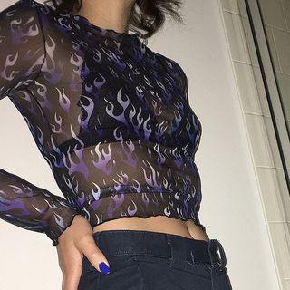 Printed Long-sleeve Mesh Top