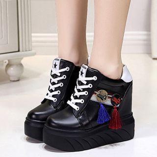 Fringed Pin Accent Lace Up Hidden Wedge Platform Sneakers