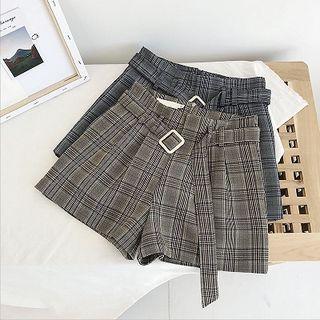 Plaid High-waist Lace-up Wide-leg Shorts