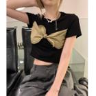 Short-sleeve Bow-accent Slim-fit Cropped T-shirt Black - One Size