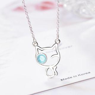 Faux Crystal Alloy Cat Pendant Necklace Platinum - One Size