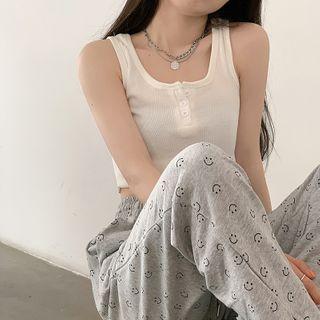Button-up Crop Tank Top / Smiley Face Print Harem Pants