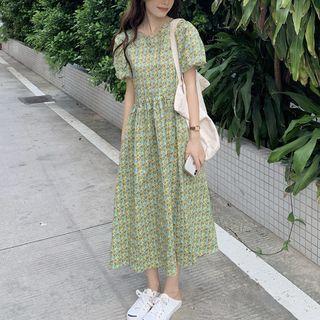 Puff Short-sleeve Floral Dress Green Flower - One Size