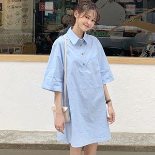 Elbow-sleeve Placket Shirt Dress Blue - One Size