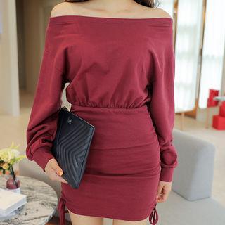Off-shoulder Shirred-hem Dress