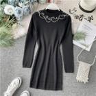 Faux-pearl Long-sleeve Knit Dress Black - One Size