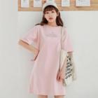 Belted Lettering Short-sleeve T-shirt Dress Pink - One Size