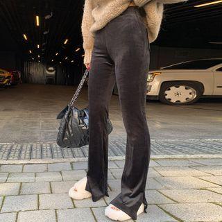 Slit-hem Velvet Boot-cut Pants